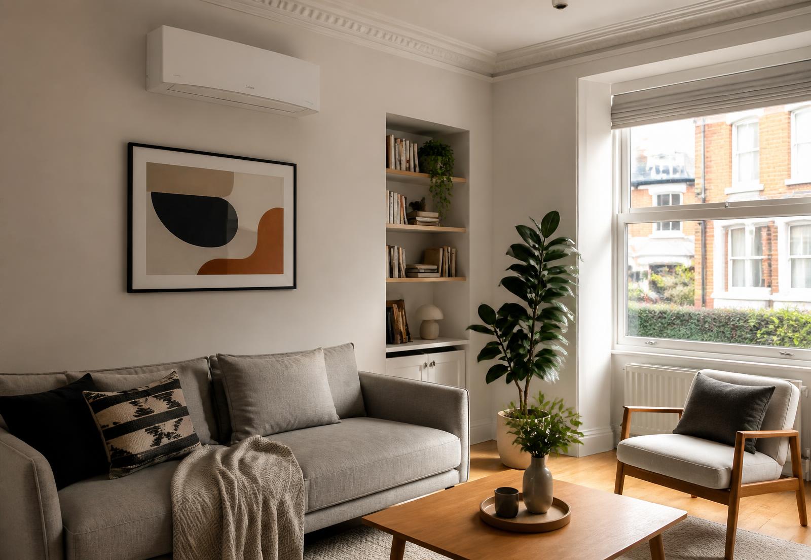 A bright UK living room with a slim wall-mounted Clime unit above the sofa
