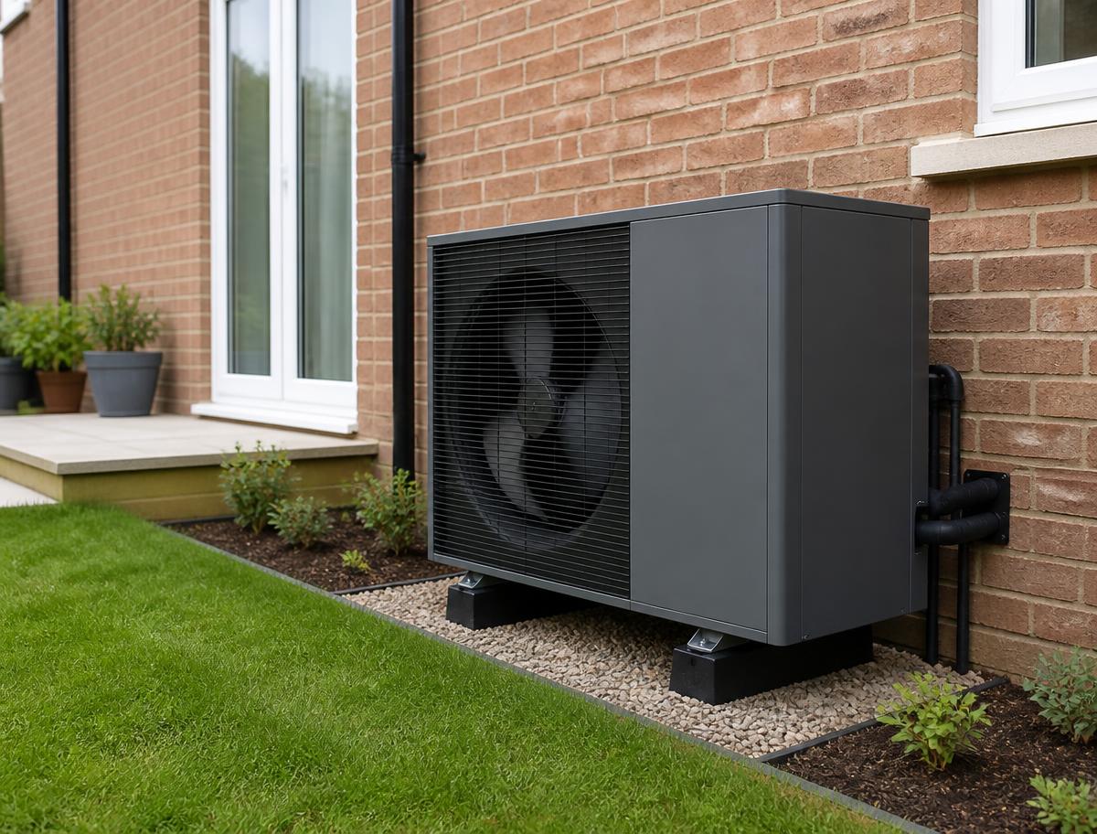A compact Clime outdoor unit installed neatly beside a UK home